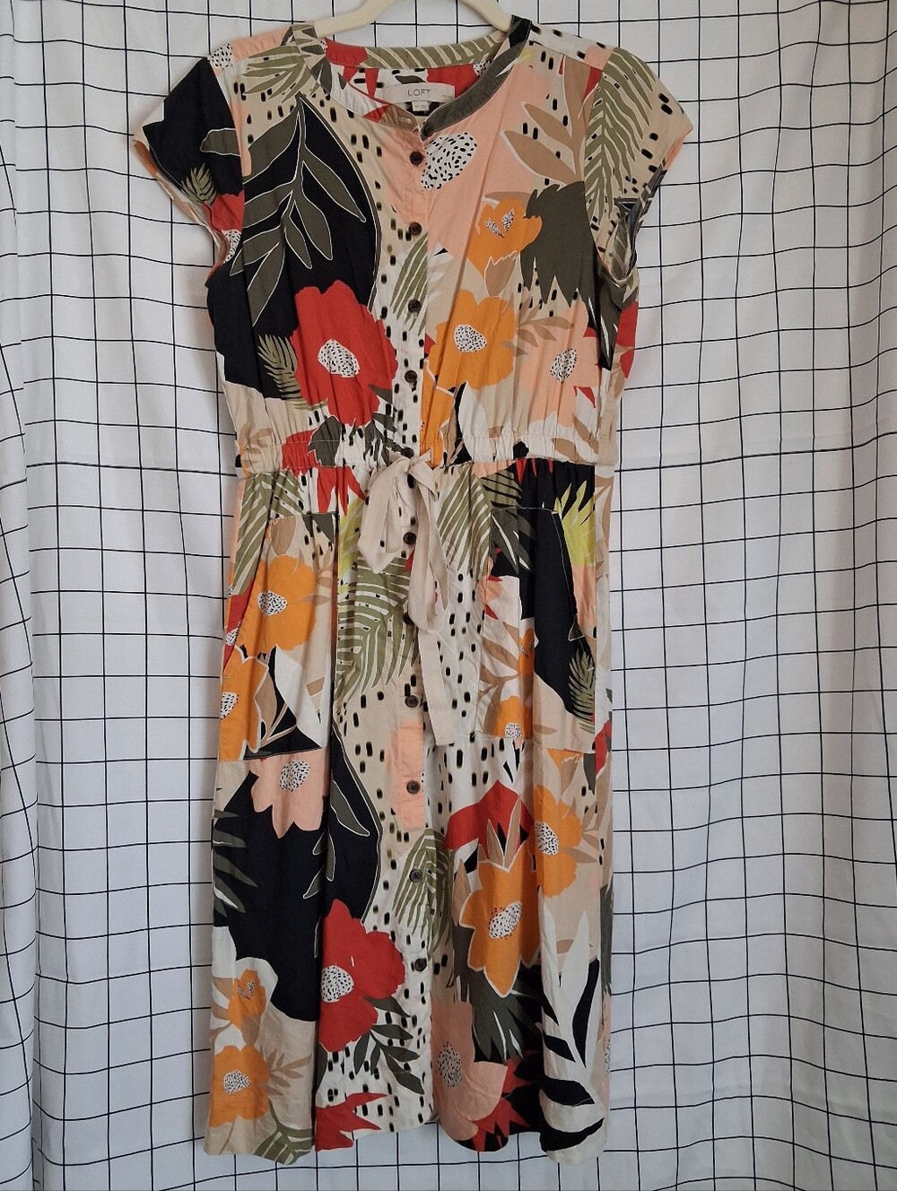 LOFT Floral Tie-Waist Cap Sleeve Dress in Multicolor